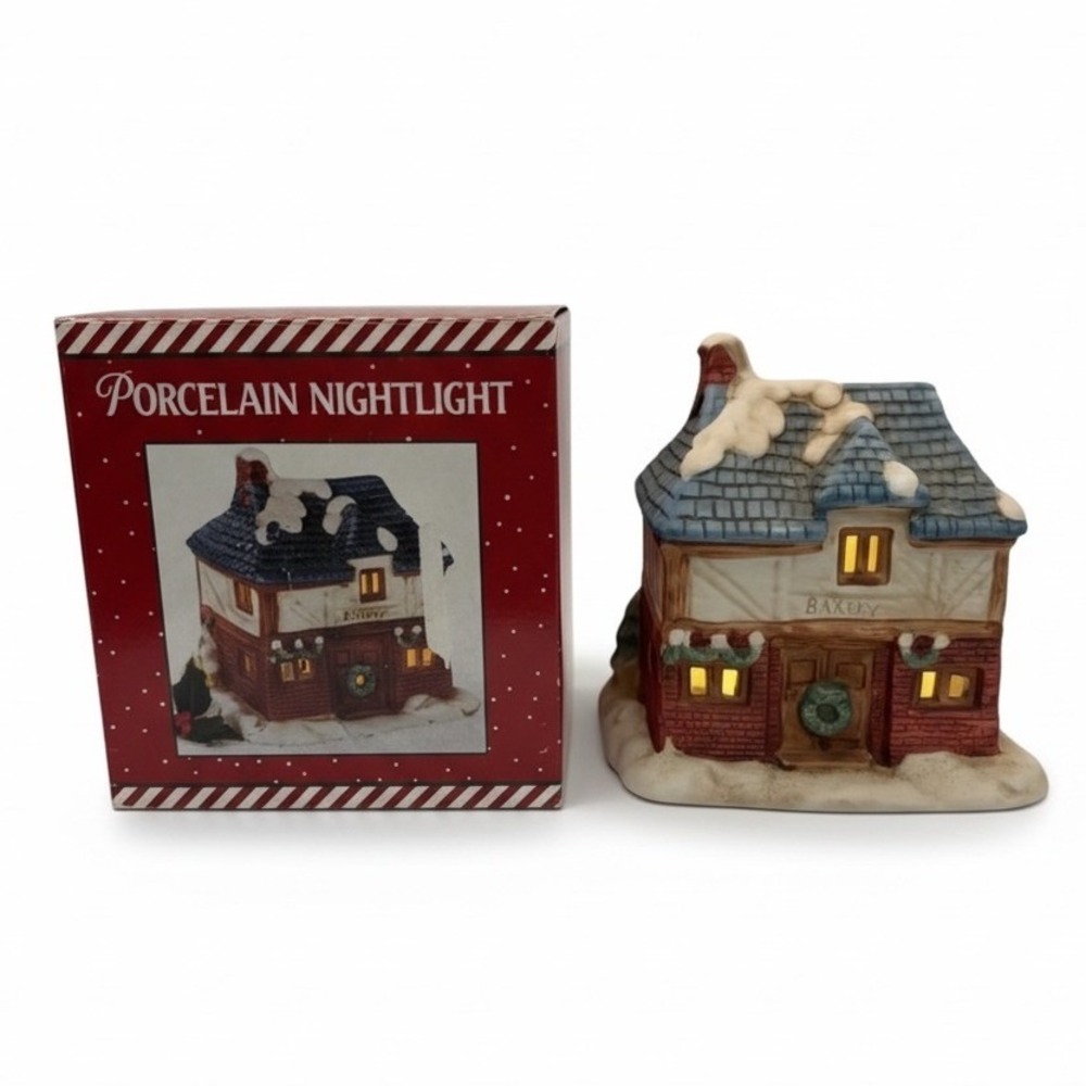 Vintage Porcelain Nightlight Bakery Shop Village House Christmas 1990s Decor Box